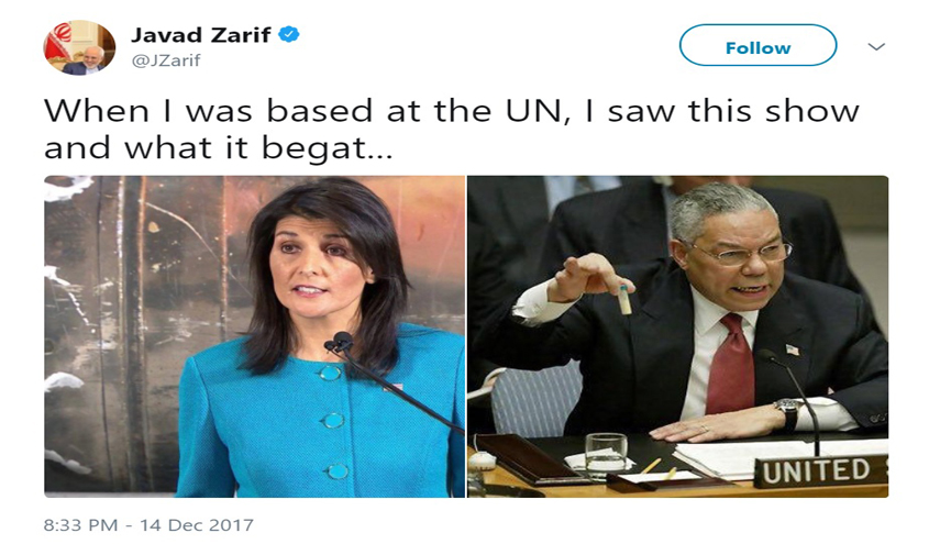 ظريف يشبه كذب كولن باول بشأن العراق وخطاب هايلي ضد إيران