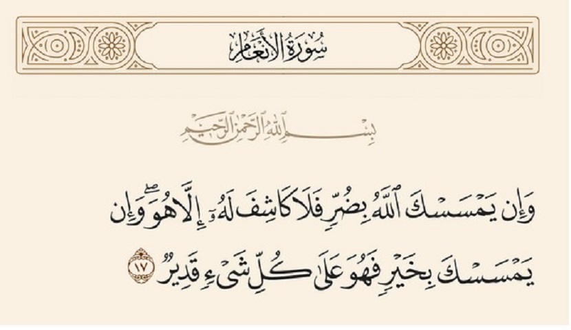 {وَإِنْ يَمْسَسْكَ اللَّهُ بِضُرٍّ فَلَا كَاشِفَ لَهُ إِلَّا هُوَ وَإِنْ يَمْسَسْكَ بِخَيْرٍ فَهُوَ عَلَى كُلِّ شَيْءٍ قَدِيرٌ} [الأنعام : 17].